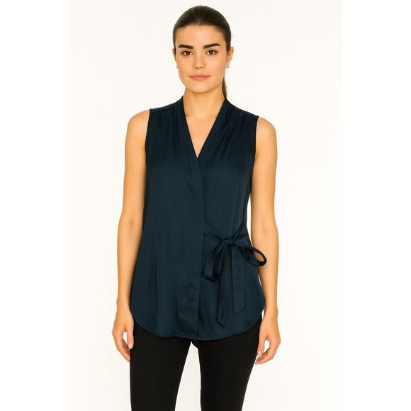 3.1 Phillip Lim Button Down Sleeveless Tie Side Vest Blouse Navy Blue Size 0 - Picture 1 of 6
